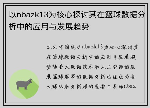 以nbazk13为核心探讨其在篮球数据分析中的应用与发展趋势