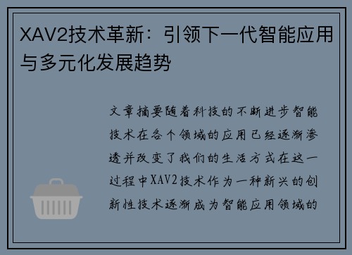 XAV2技术革新：引领下一代智能应用与多元化发展趋势