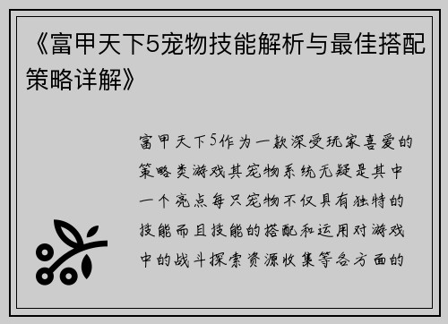 《富甲天下5宠物技能解析与最佳搭配策略详解》